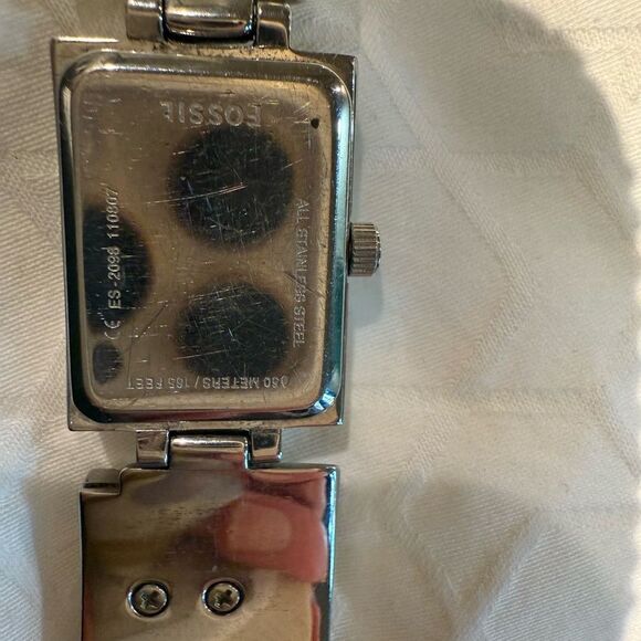 Fossil ladies retro rectangular silver tone bracelet watch NEW BATTERY - Picture 4 of 8